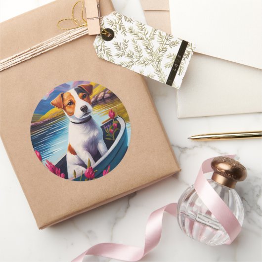 ジャック・ラッセルがパドルで：風光明媚な冒険 ラウンドシール (ギフト)