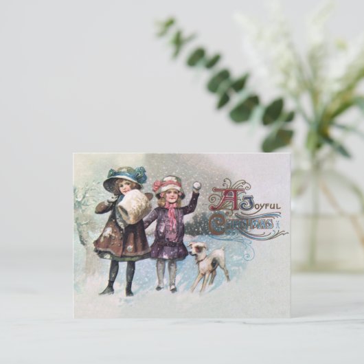 ジャック・ラッセルと一緒に女の子と一緒に楽しいクリスマス シーズンポストカード (スタンド正面)