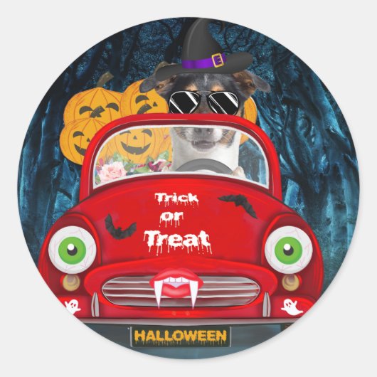 ジャック・ラッセル・テリアが車を運転 ハロウィン ラウンドシール (正面)