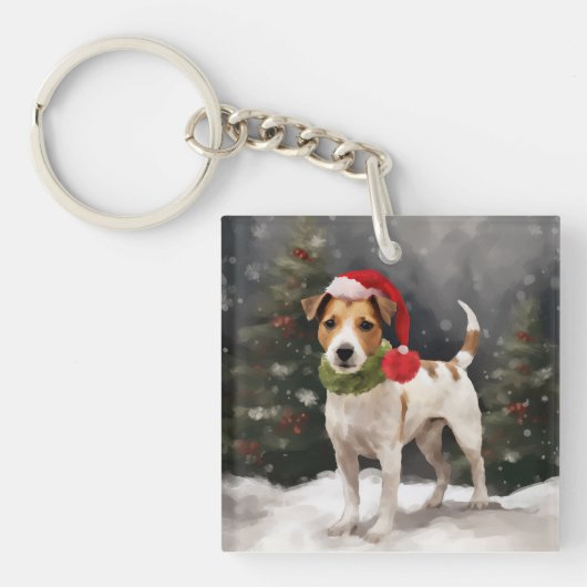 ジャック・ラッセル・テリアの犬と雪のクリスマス キーホルダー (正面)