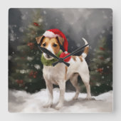 ジャック・ラッセル・テリアの犬と雪のクリスマス スクエア壁時計 (正面)