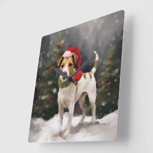 ジャック・ラッセル・テリアの犬と雪のクリスマス スクエア壁時計