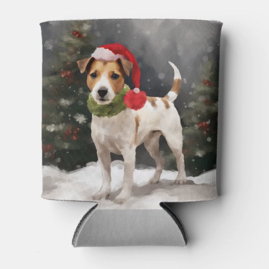 ジャック・ラッセル・テリアの犬と雪のクリスマス 缶クーラー (正面)