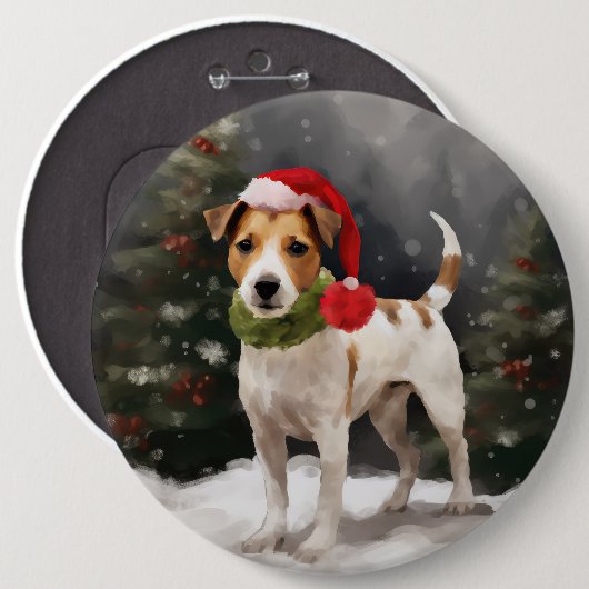 ジャック・ラッセル・テリアの犬と雪のクリスマス 缶バッジ (正面&裏面)