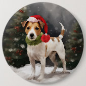 ジャック・ラッセル・テリアの犬と雪のクリスマス 缶バッジ (正面)