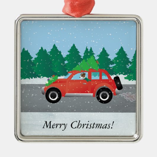 ジャック・ラッセル・テリア車の木を上に運転 メタルオーナメント (正面)