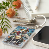 ジャック・ラッセル・ドッグがオートバイ・クリスマスに乗る キーホルダー (正面右)