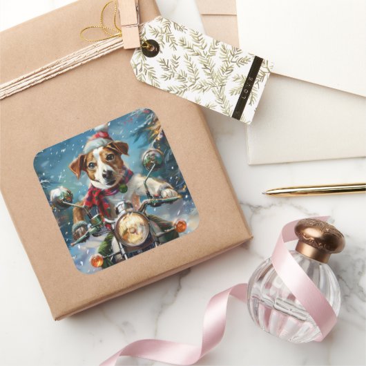 ジャック・ラッセル・ドッグがオートバイ・クリスマスに乗る スクエアシール (ギフト)