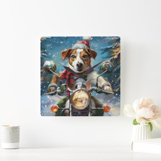 ジャック・ラッセル・ドッグがオートバイ・クリスマスに乗る スクエア壁時計 (ホーム)
