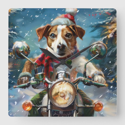 ジャック・ラッセル・ドッグがオートバイ・クリスマスに乗る スクエア壁時計 (正面)