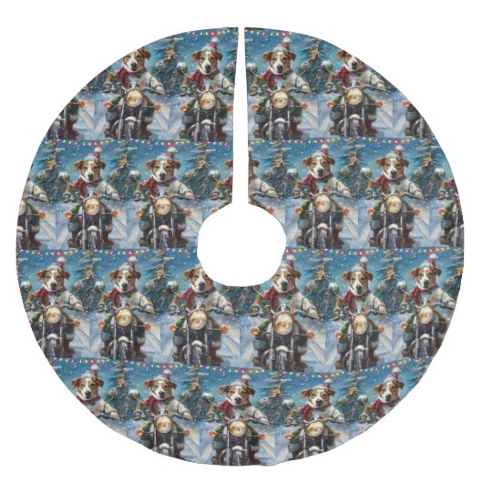 ジャック・ラッセル・ドッグがオートバイ・クリスマスに乗る ブラッシュドポリエステルツリースカート (正面)