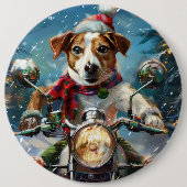 ジャック・ラッセル・ドッグがオートバイ・クリスマスに乗る 缶バッジ (正面)