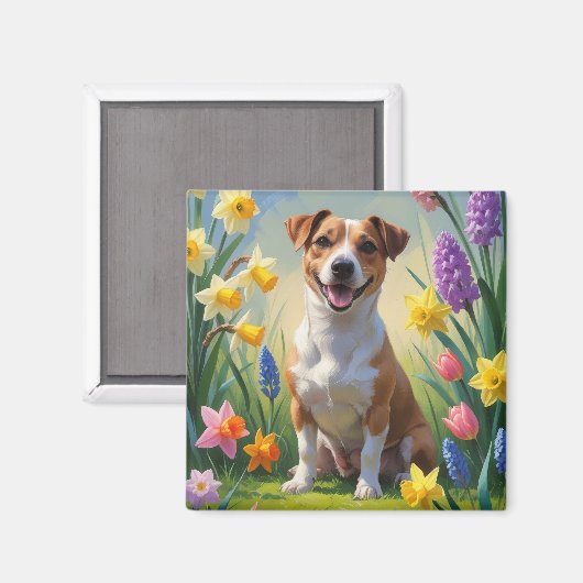 ジャック・ラッセル・ドッグの春の花の絵 マグネット (正面/裏面)