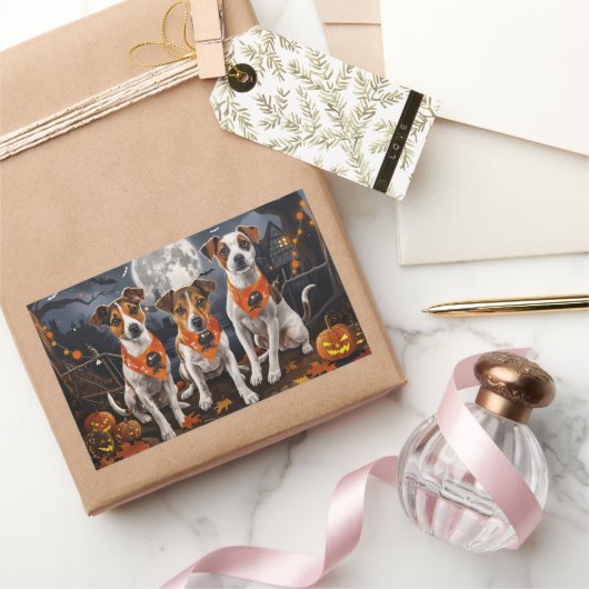 ジャック・ラッセル・ハロウィン不気味 長方形シール (ギフト)
