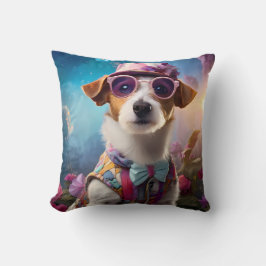 ジャック・ラッセル、ピンクのメガネとピンクの帽子 クッション