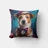 ジャック・ラッセル、白い帽子、ピンクの花 クッション (正面)