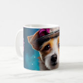 ジャック・ラッセル、白い帽子、ピンクの花 コーヒーマグカップ (正面左)