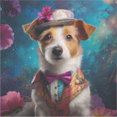 ジャック・ラッセル、白い帽子、ピンクの花 シール (正面)