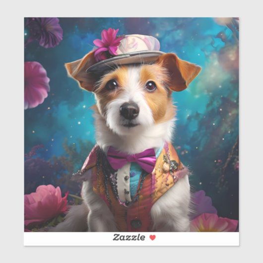 ジャック・ラッセル、白い帽子、ピンクの花 シール (シート)