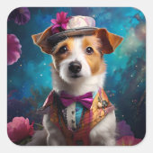 ジャック・ラッセル、白い帽子、ピンクの花 スクエアシール (正面)