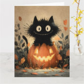 ジャック・o・ランタンにかわいいハロウィーン黒猫 カード (黄色い花)