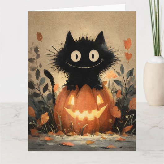 ジャック・o・ランタンにかわいいハロウィーン黒猫 カード (正面)