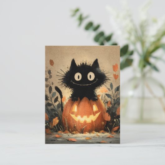 ジャック・o・ランタンにかわいいハロウィーン黒猫 シーズンポストカード (スタンド正面)
