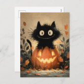 ジャック・o・ランタンにかわいいハロウィーン黒猫 シーズンポストカード (正面/裏面)