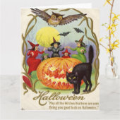 ジャックOのランタンのまわりで踊っている魔法使い カード (黄色い花)