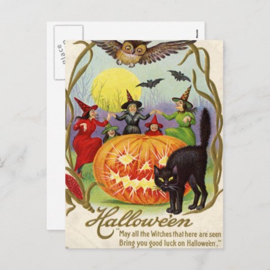 ジャックOのランタンのまわりで踊っている魔法使い シーズンポストカード (正面/裏面)