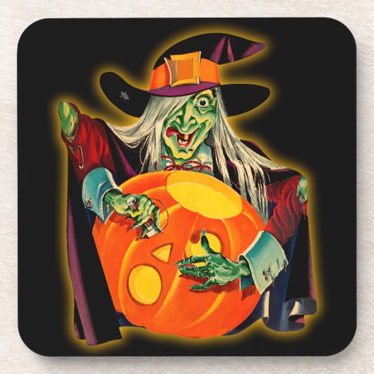ジャックO'Lanternを切り分けているヴィンテージのハロウィンの魔法使い コースター (正面)