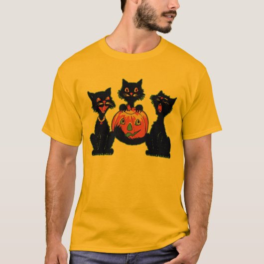 ジャックO'Lanternを持つ30年代のハロウィンの黒猫 Tシャツ (正面)