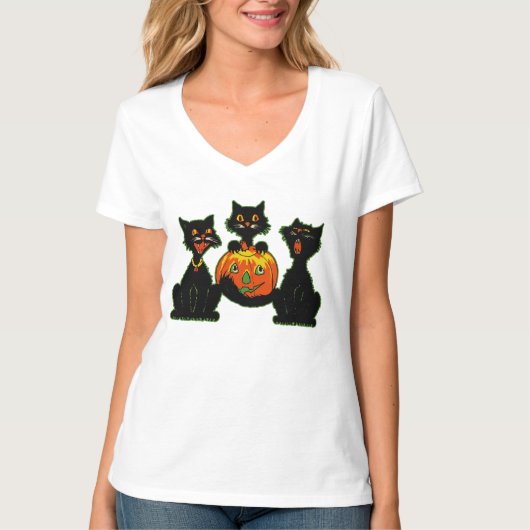 ジャックO'Lanternを持つ30年代のハロウィンの黒猫 Tシャツ (正面)