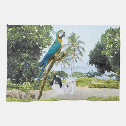 ジャパニーズチンチンとコンゴウインコ キッチンタオル (横)