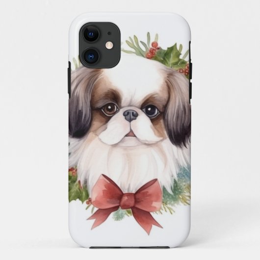 ジャパニーズ・チンとクリスマスのリースの愛らしい犬 Case-Mate iPhoneケース (裏面)