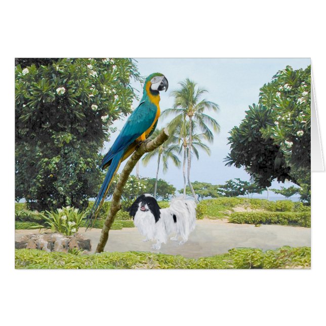 ジャパニーズ・チンとコンゴウインコ (正面横)