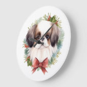 ジャパニーズ・チン クリスマスリース 祝祭の仔犬 ラージ壁時計 (傾斜)