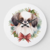 ジャパニーズ・チン クリスマスリース 祝祭の仔犬 ラージ壁時計 (正面)