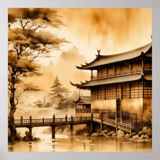 ジャパンディアートヴィンテージ村の風景暖茶 ポスター (正面)