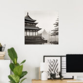 ジャパンディアートヴィンテージ村風景白黒 ポスター (ホームオフィス)