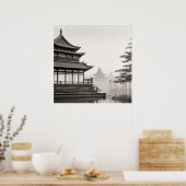 ジャパンディアートヴィンテージ村風景白黒 ポスター (キッチン)