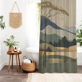 ジャパンディ金ゴールド&グリーンマウンテンランドスケープ シャワーカーテン