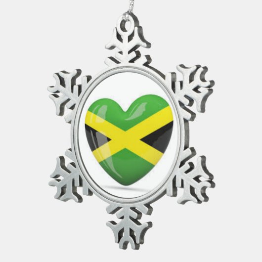 ジャマイカのクリスマスのオーナメント: ジャマイカの旗のハート スノーフレークピューターオーナメント (右)
