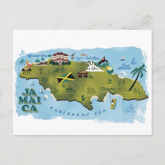 ジャマイカの図解入りの、写真付きの地図 ポストカード (正面)