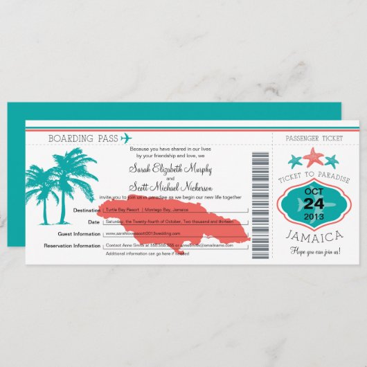 ジャマイカの搭乗券の結婚式 招待状 (正面/裏面)