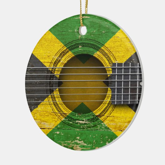 ジャマイカの旗が付いている古いアコースティックギター セラミックオーナメント (左)