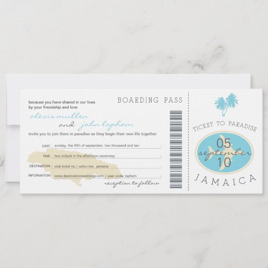 ジャマイカの結婚式招待状への搭乗券 招待状 (正面)