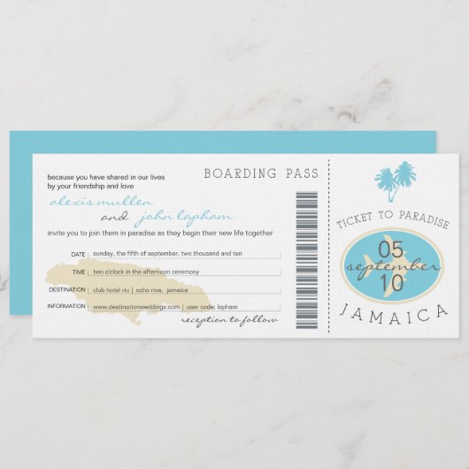 ジャマイカの結婚式招待状への搭乗券 招待状 (正面/裏面)