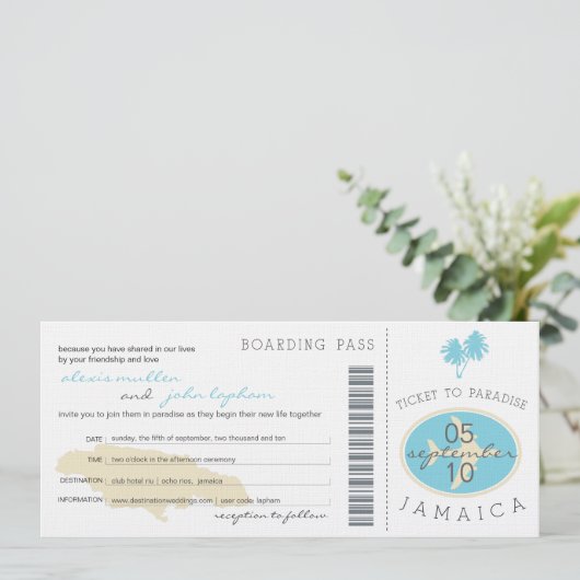 ジャマイカの結婚式招待状への搭乗券 招待状 (スタンド正面)
