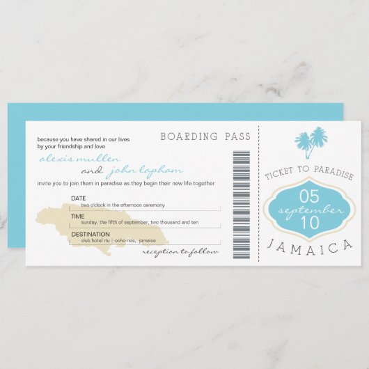 ジャマイカの結婚式招待状への搭乗券 招待状 (正面/裏面)